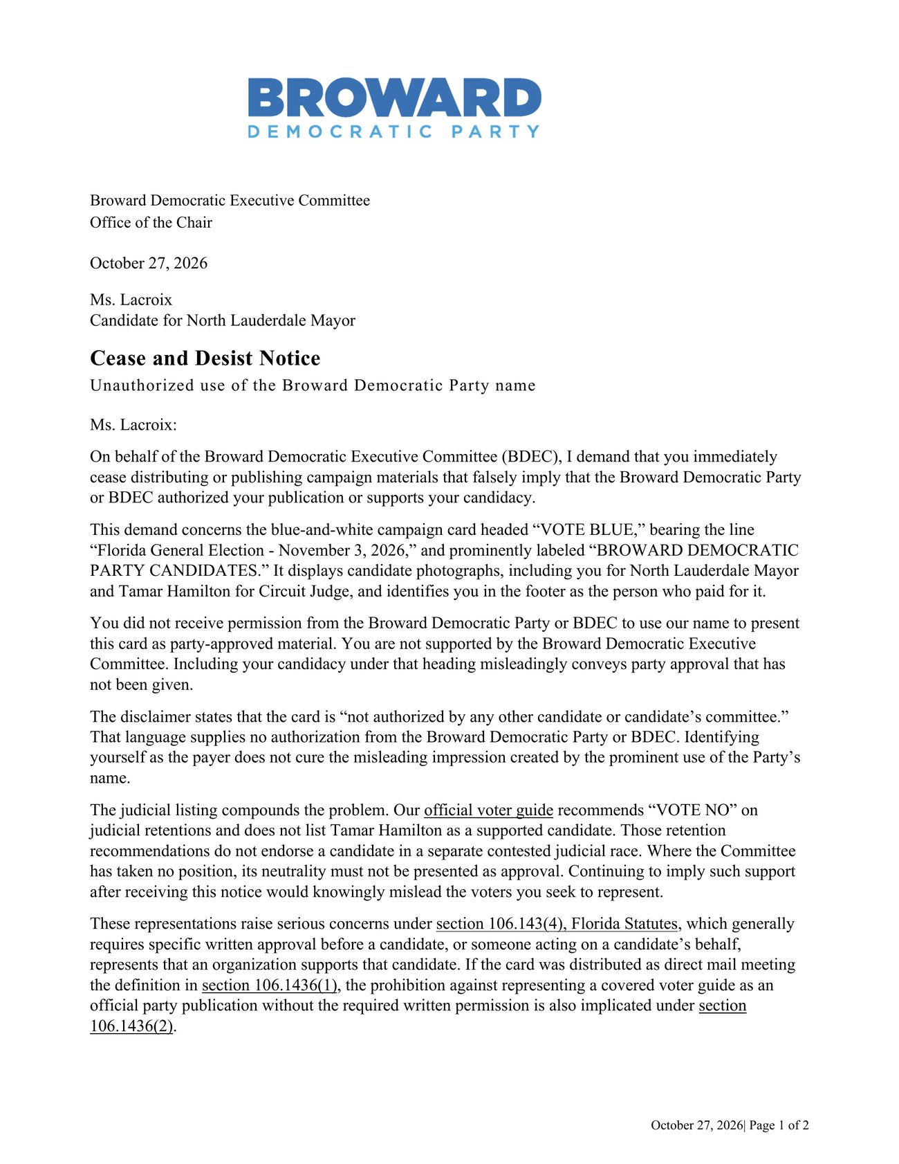 Page 1 of the Broward Democratic Party cease-and-desist letter to Willnae LaCroix, October 27, 2026