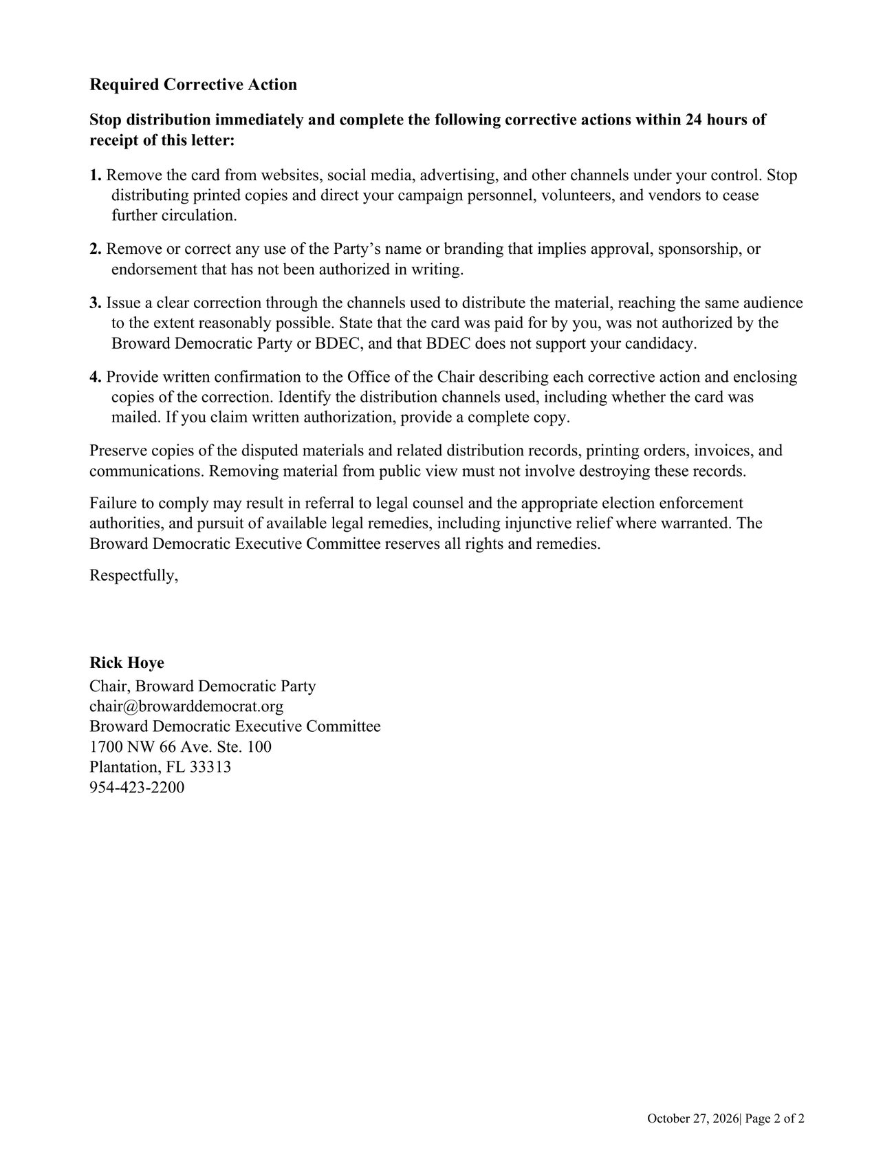 Page 2 of the letter: required corrective action, signed by Rick Hoye, Chair